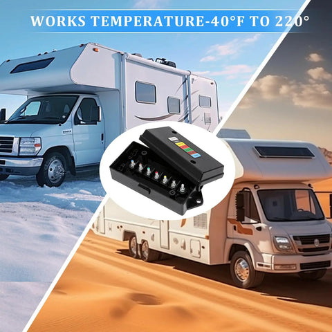 7 Way Trailer Junction Box Weatherproof With Color Coded Terminal Studs 7 Pole Wire Box displayed with RVs
