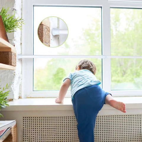 Child climbing near sliding window with Four Pack White Window Security Bars Extendable Tension Rods 17 To 27.6 Inch Half Inch Diameter