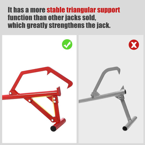 Red 51 Inch Timberjack Adjustable Log Lifter And Heavy Duty Steel Log Roller Cant Hook Tool showing stable triangular support.