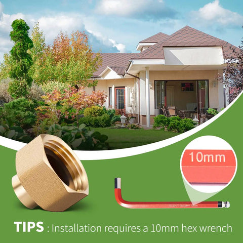 Brass Hex Swivel Garden Hose Connector Adapter Two Pack One Quarter Inch NPT To Three Quarter Inch Female Garden Hose Thread Lead Free Fitting For Fuel Water Air Oil Gas WOG With Ten Millimeter Allen Wrench To Prevent Turning, brass adapter with 10mm wrench