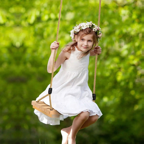 Child on Beech Wood Tree Swing Seat with Adjustable Rope for Kids, Kid Friendly Ergonomic Design and Non Slip Ridged Seat