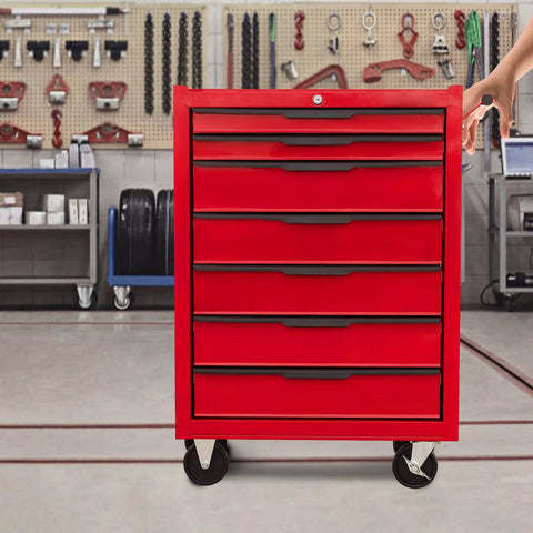 Premium 7 Drawer Rolling Tool Chest With Slick Ball Bearing Slides And Locking Caster Wheels, Beefy Carbon Steel mechanics cabinet.