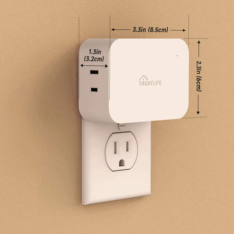 Dimmable Smart Plug 2 Pack With Sunrise And Sunset Simulation plugged into wall outlet showing dimensions