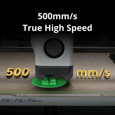 Fully Enclosed 3D Printer With Auto Bed Leveling, CoreXY Motion, 500 mm Per Second Print Speed close-up showing speed label