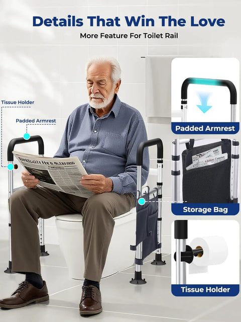 Rock Solid Adjustable Toilet Safety Rails, Foldable Assist Frame with padded armrests, tissue holder, and storage bag.