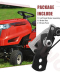 Left Hand Brake Assembly Kit with Brake Disc and 2 Pucks for MTD Murray Troy-Bilt Lawn Mower next to a red mower.