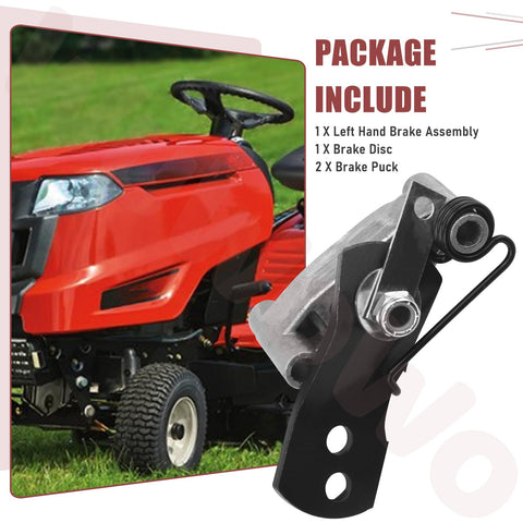Left Hand Brake Assembly Kit with Brake Disc and 2 Pucks for MTD Murray Troy-Bilt Lawn Mower next to a red mower.