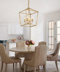 Built Tough Industrial Four Light Chandelier With Killer Gold Lantern Pendant And Rustic Metal Cage, adjustable height, kitchen island setting