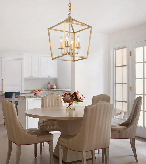 Built Tough Industrial Four Light Chandelier With Killer Gold Lantern Pendant And Rustic Metal Cage, adjustable height, kitchen island setting