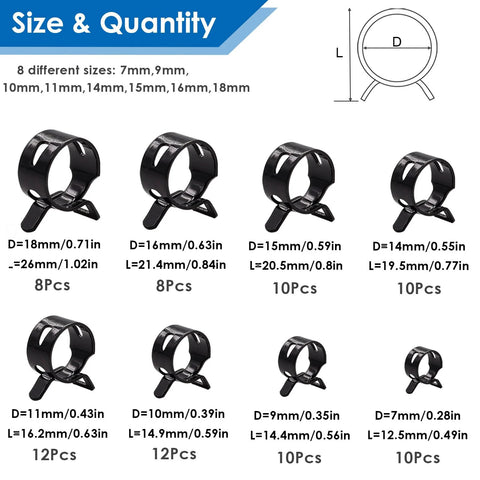 Black spring-band hose clamps set, eight sizes from 7mm to 18mm, 80 pieces total.
