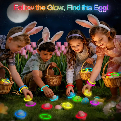 Children hunting Easter eggs at night using Lit Ultra Bright Glow Sticks Bulk 50 Pack for Parties, Neon Glow in the Dark Party Supplies.