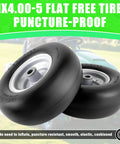 Flat Free 11x4.00-5 Lawn Mower Tires With Wheel Kit Two Pack Universal Fit showing puncture-proof design on lawn
