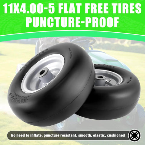 Flat Free 11x4.00-5 Lawn Mower Tires With Wheel Kit Two Pack Universal Fit showing puncture-proof design on lawn