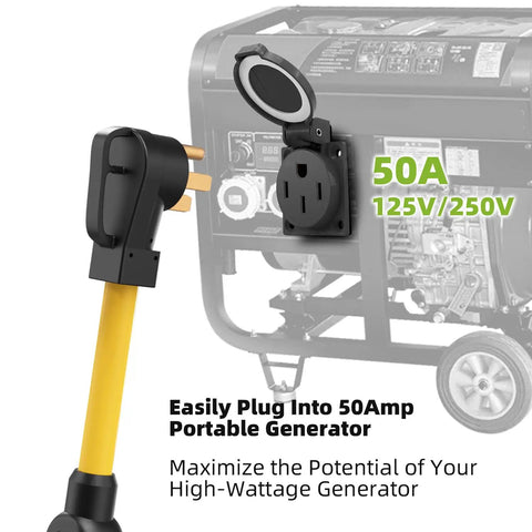 Heavy Duty 50 Amp NEMA 14-50 Y Splitter Adapter Turns One Plug Into Dual RV EV Generator Outlets with generator and plug.