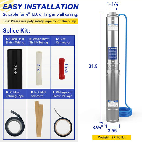 1 HP 110V Deep Well Submersible Pump With 36 GPM And 207 ft Head, Stainless Steel 4 Inch Well Pump For Irrigation