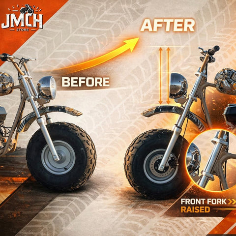 Before and after view of 2.5 Inch Front Fork Lift Extension And Preload Upgrade Kit For Coleman BT200X CT200UEX And AXIS M200 Mini Bike