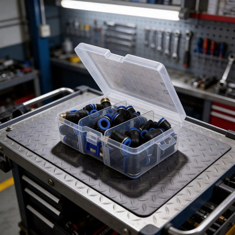 Top Notch 53 Piece Pneumatic Fitting Bundle With Quick Connect Push To Air Hose Links In 1/4 3/8 And 1/2 Inch Sizes Featuring Sturdy Zinc Alloy Elbows Tees And Straight Adapters For Heavy Duty Industrial Plumbing Jobs That Need Zero Leaks And Serious. Open plastic case with assorted pneumatic push fittings on workbench