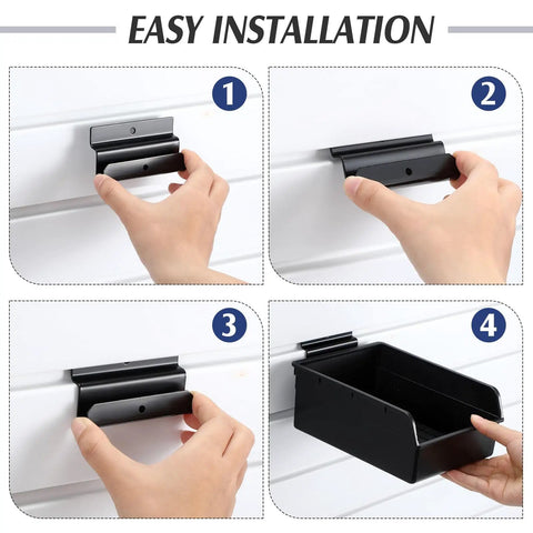Step-by-step installation of Six Pack Slatwall Bins With Hooks Set For Wall Mounted Storage in black finish