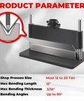 12-Inch Press Brake Attachment For 12-20 Ton Hydraulic Press, 0-90 Degree Adjustable Metal Bender shown with specifications