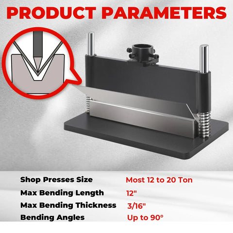12-Inch Press Brake Attachment For 12-20 Ton Hydraulic Press, 0-90 Degree Adjustable Metal Bender shown with specifications