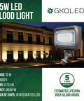 Outdoor Security Flood Light With 15W LED, 1370 Lumens, 3000K Warm White, IP65 Weatherproof, mounted on building wall