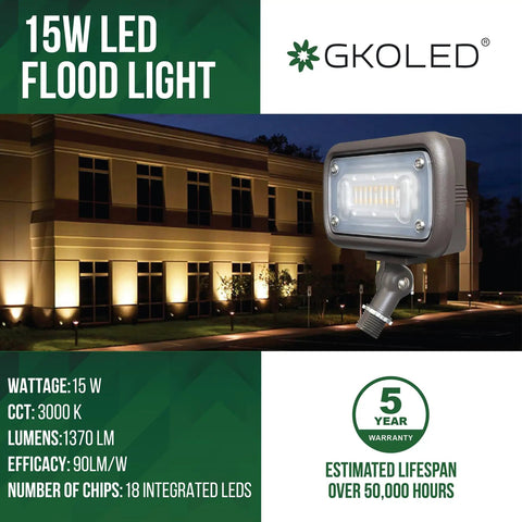 Outdoor Security Flood Light With 15W LED, 1370 Lumens, 3000K Warm White, IP65 Weatherproof, mounted on building wall