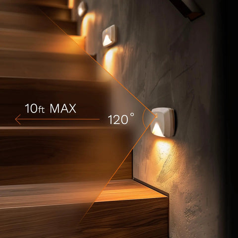 Six Pack Stick On Motion Sensor Lights With Easy Install Warm White LED Night Light illuminating stairs with 10ft 120° range