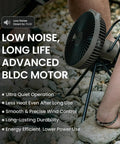 Warm Gray Rechargeable Portable Fan With 7800mAh Battery, USB C Charging, Four Speed BLDC Ultra Quiet Air Circulation, tripod mounted on rocks