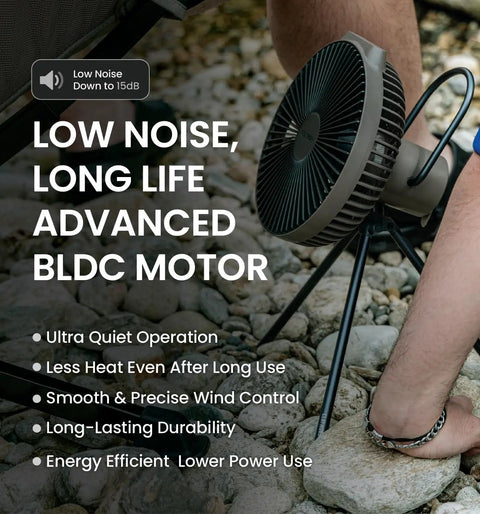 Warm Gray Rechargeable Portable Fan With 7800mAh Battery, USB C Charging, Four Speed BLDC Ultra Quiet Air Circulation, tripod mounted on rocks