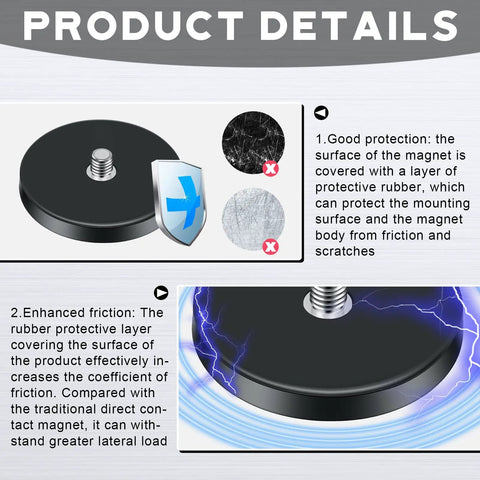 Heavy Duty Neodymium Round Magnets Featuring An Insanely Strong Rubber Coated Base And Quarter Inch Twenty Threaded Stud For Rock Solid Action Camera And Led Light Mounting In A 24 Piece Pack with rubber layer for scratch protection.