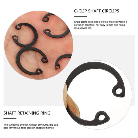 External Circlip Assortment Kit 100 Pcs Black Steel C Clips Rotatable Snap Rings close-up on hand