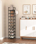Tall Narrow Metal Shoe Rack Organizer With 10 Tier Design For Entryway And Closet Space, holding shoes beside a white cabinet.