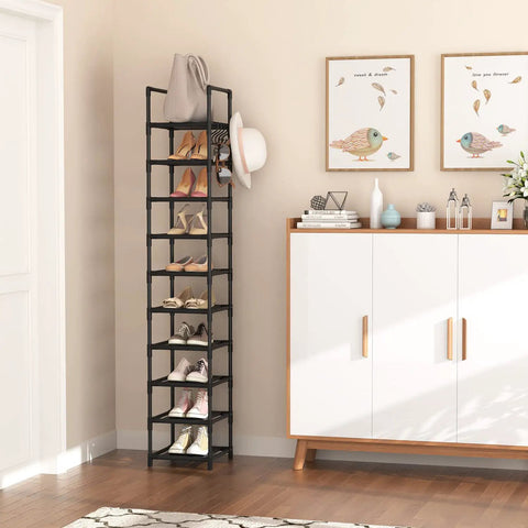 Tall Narrow Metal Shoe Rack Organizer With 10 Tier Design For Entryway And Closet Space, holding shoes beside a white cabinet.