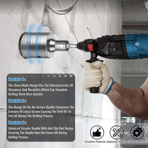 Side view of Zeliceka concrete hole saw kit with SDS-Max shank attached to a blue drill drilling into a concrete wall