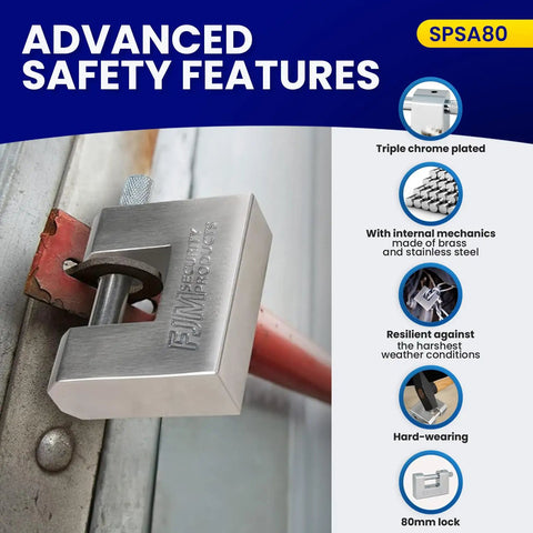 High Security D Style Padlock with 80mm shackle on metal door, showing advanced safety features and chrome finish.