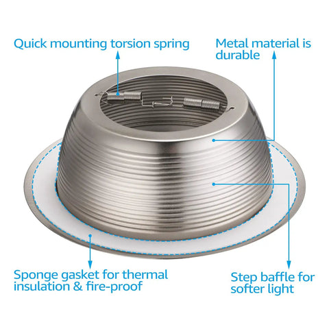 6 Inch Integrated Can Light Trim One Piece Baffle In Full Metal, Fits Halo Juno Remodel Recessed Cans, Satin Nickel Finish, detail view