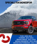 Red Ford F-150 with rugged tow hook cover, Ford Front Tow Hooks Cover For F150 2004-2024 And Bronco 2021-2025, mountain view