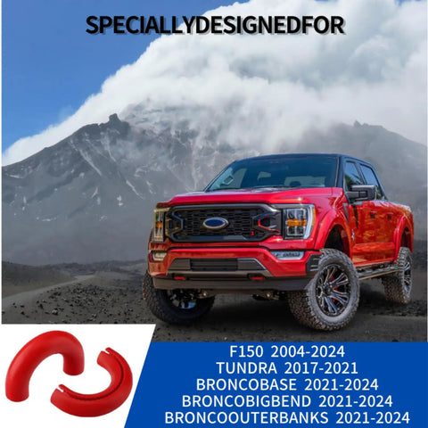 Red Ford F-150 with rugged tow hook cover, Ford Front Tow Hooks Cover For F150 2004-2024 And Bronco 2021-2025, mountain view