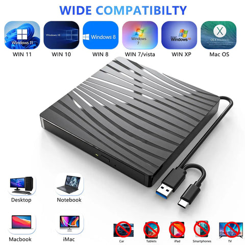 External USB-C Portable CD DVD Drive For Laptop And Desktop, Slim Optical Drive Reader And Burner, black plastic, USB-C cable