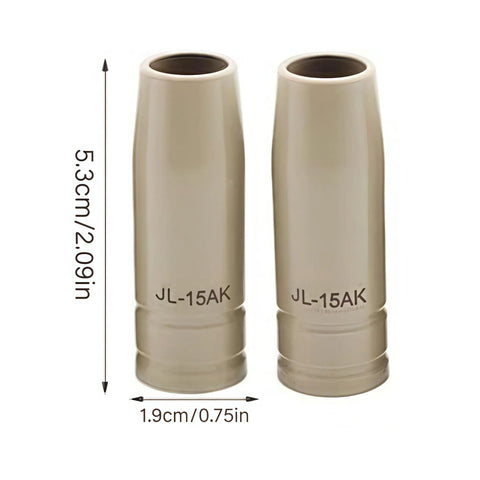 Two JL-15AK nozzles from MIG Welding Nozzle Tips.030 Inch 0.8mm With Non Stick Ceramic Coating Pro Grade Replacement Kit
