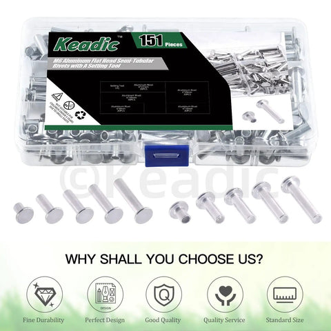 Rivets Assortment Kit With 150Pcs M6 Aluminum Flat Head Semi Tubular Rivets In 8mm 16mm 20mm 25mm 30mm Sizes Plus One Installer Setter Tool