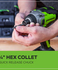 Close-up of 24V Brushless Impact Driver Kit with 3 speed settings, showing 1/4 inch hex collet quick release chuck. Perfect for quick screw driving, decks, and home repair.