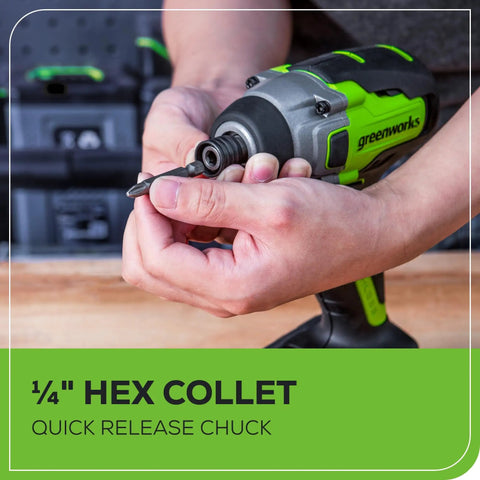 Close-up of 24V Brushless Impact Driver Kit with 3 speed settings, showing 1/4 inch hex collet quick release chuck. Perfect for quick screw driving, decks, and home repair.