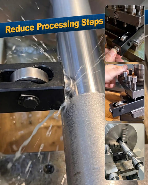 Insanely Smooth Mini Lathe Burnishing Tool For Traditional And CNC Lathes Roll Forming Polisher shown polishing steel workpiece.