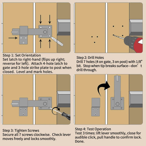 Installation steps for 6 Inch Barn Door Flip Latch Lock Heavy Duty Gate Latch on wood gate with drill, screws, and testing instructions.