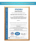 Factory Quality Management Certificate displayed in a wooden frame from POSI, ISO 13485:2016 certified.