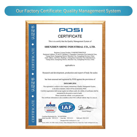 Factory Quality Management Certificate displayed in a wooden frame from POSI, ISO 13485:2016 certified.