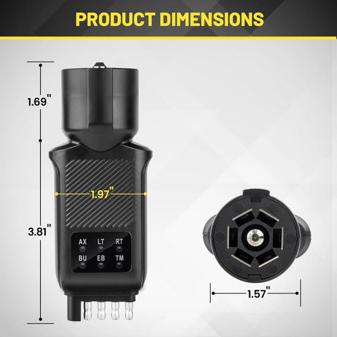3 in 1 Trailer Plug Tester for 4 Pin Flat, 5 Pin Flat, and 7 Pin RV Connectors With Double Sided LED Indicators, 5 Way and 7 Way Trailer Light Tester, Fits Most Trucks, Not For Vehicles With Lamp Out Sensor. product dimensions shown, black plastic tester, 3.81 inch tall