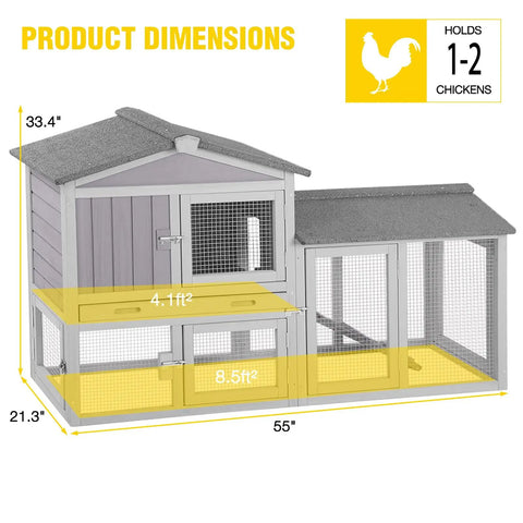 Backyard Ready Cozy Wooden Chicken Coop For Two With Well Ventilated Outdoor Hen House And Expandable Run shown with dimensions