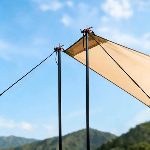 Beefy Adjustable Tarp Poles For Canopies And Tarps, Heavy Duty Camping Tent Poles 75In supporting a brown canopy against blue sky